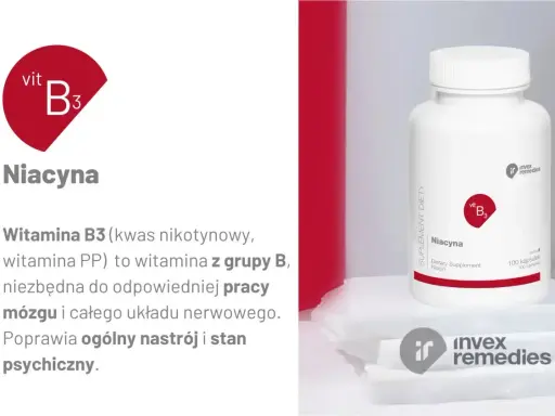Niacyna, czyli witamina PP, wspiera pracę mózgu i układu nerwowego. Opakowanie suplementu diety.