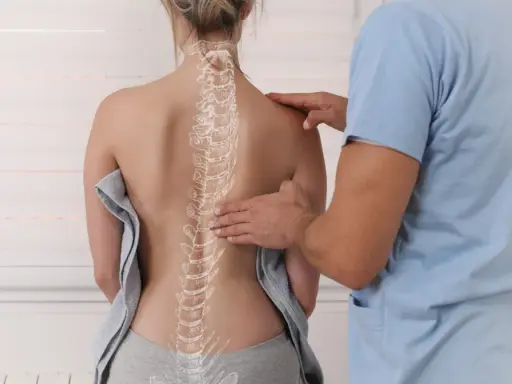 Fizjoterapeuta bada kręgosłup pacjentki, zwracając uwagę na potencjalną kifoza piersiowa.