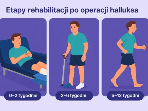 Etapy rehabilitacji po operacji haluksa: odpoczynek (0-2 tyg.), chodzenie o kulach (2-6 tyg.), powrót do aktywności (6-12 tyg.).