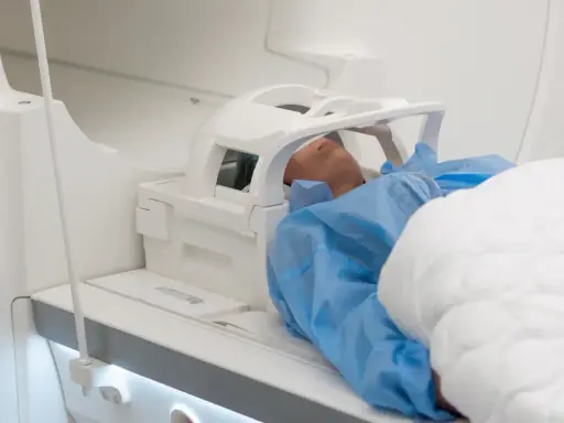 Pacjent w niebieskim fartuchu leży w aparacie MRI. Czas badania, czyli ile trwa rezonans głowy, zależy od wielu czynników.