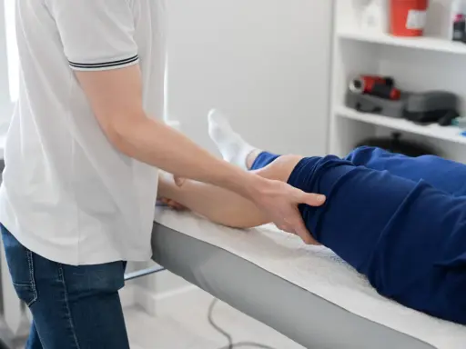 Fizjoterapeuta wykonuje zabieg na nodze pacjenta. Fizjoterapia ambulatoryjna co to znaczy? To leczenie poza szpitalem, w przychodni.