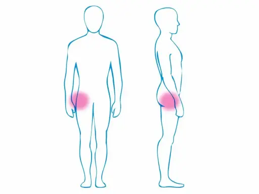 Ilustracje przedstawiające lokalizację bólu biodra na sylwetkach ludzkich z przodu i z boku.