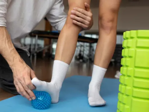 Fizjoterapeuta pomaga pacjentowi z niebieską piłeczką, co na skręconą kostkę. Obok zielony wałek do masażu.