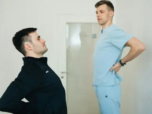 Fizjoterapeuta w jasnoniebieskim uniformie rozmawia z pacjentem, który odczuwa ból pleców. Dowiedz się, ile kosztuje wizyta fizjoterapeuty w domu.