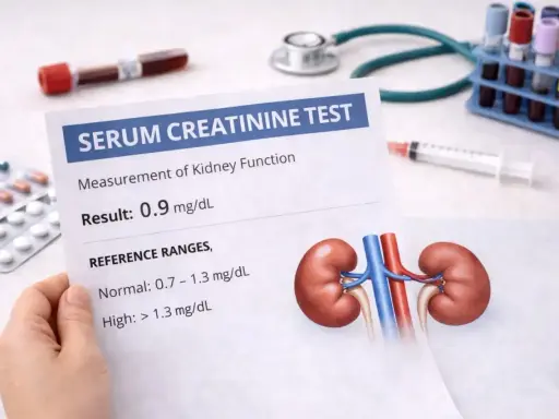 Wynik badania poziomu kreatyniny 0.9 mg/dL, wskazujący na prawidłową funkcję nerek. Obok wyniki badań, stetoskop, strzykawka i leki.