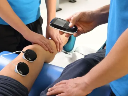 Fizjoterapeuta z urządzeniem do elektroterapii przy nodze pacjenta. Ile razy w roku można korzystać z rehabilitacji szpitalnej?