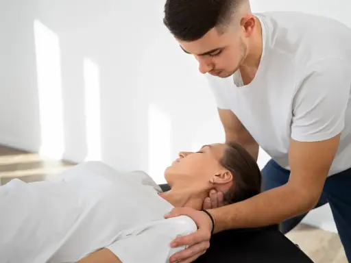 Fizjoterapeuta wykonuje terapię manualną szyi pacjentki. Czy fizjoterapeuta może wystawić receptę? To pytanie nurtuje wielu pacjentów.