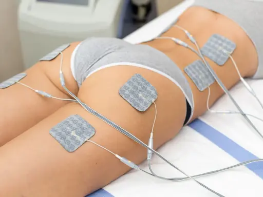 Elektrostymulacja mięśni ud i pośladków za pomocą elektrod. Zabieg poprawiający kondycję i kształtujący sylwetkę.