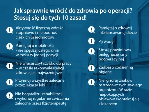 Jak sprawnie wrócić do zdrowia po operacji? 10 zasad, w tym: nie wracaj zbyt szybko do pracy, nie bagatelizuj rehabilitacji.