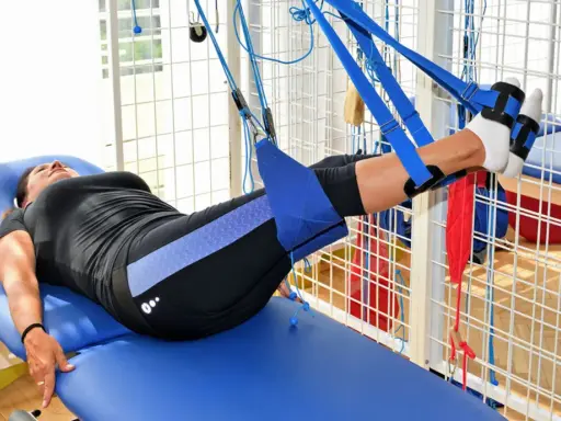 Kobieta na łóżku rehabilitacyjnym ćwiczy nogi w systemie podwieszeń. To przykład, jak wygląda rehabilitacja dzienna co to jest.
