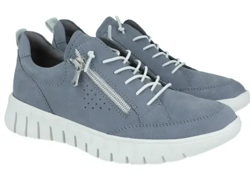 Szare sneakersy damskie z zamkiem błyskawicznym i białymi sznurówkami na grubej podeszwie.