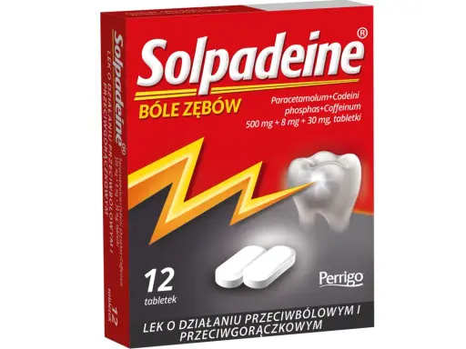 Opakowanie leku Solpadeine, zawierającego leki opioidowe, na bóle zębów. W zestawie 12 tabletek.