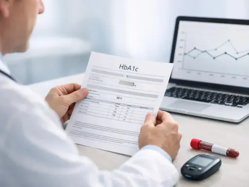 Lekarz analizuje wyniki badania HbA1c, które wskazują na normę. Obok leży glukometr i probówka z krwią.