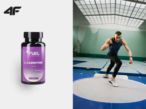 W butelce suplementu diety 4F FUEL L-CARNITINE, obok sportowca przygotowującego się do pchnięcia kulą.