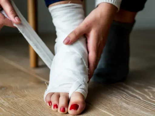 Osoba opatruje bandażem stopę, która mogła ulec skręceniu. Co to jest skręcenie? To uraz więzadeł.
