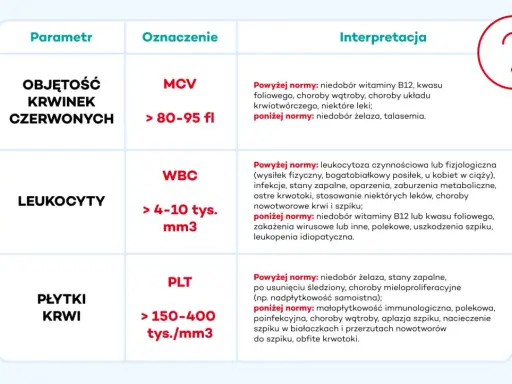 Tabela z parametrami morfologii z rozmazem: MCV, WBC, PLT. Podano normy i interpretacje wyników.