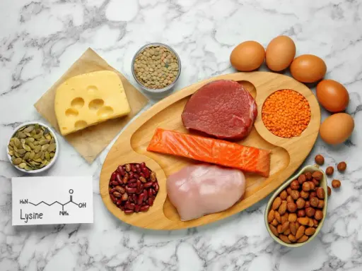 Lizyna co to? Na zdjęciu widać produkty bogate w lizynę: mięso, rybę, jajka, ser, soczewicę, fasolę, orzechy i pestki.
