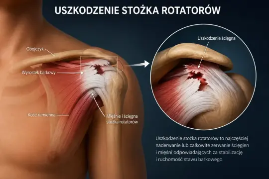 Anatomia barku z zaznaczonym uszkodzeniem stożka rotatorów. Widoczne naderwanie ścięgien mięśni stabilizujących staw.
