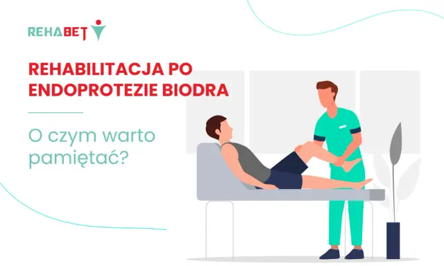 Rehabilitacja po endoprotezie biodra: fizjoterapeuta pomaga pacjentowi w ćwiczeniach.