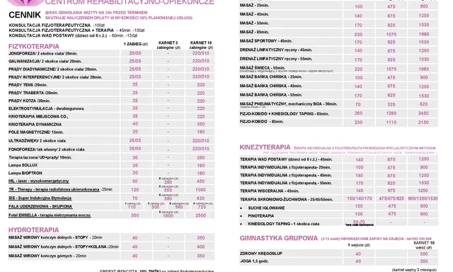 Cennik usług fizjoterapeutycznych: ile kosztuje wizyta u fizjoterapeuty? Ceny zabiegów od 25 zł, karnety 5 i 10 zabiegów.