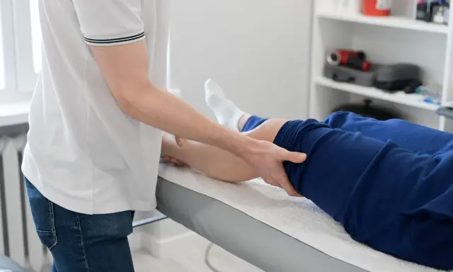 Fizjoterapeuta wykonuje zabieg na nodze pacjenta. Fizjoterapia ambulatoryjna co to znaczy? To leczenie poza szpitalem, w przychodni.