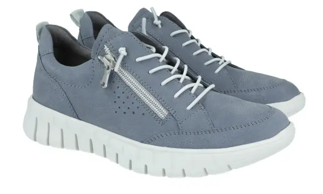 Szare sneakersy damskie z zamkiem błyskawicznym i białymi sznurówkami na grubej podeszwie.