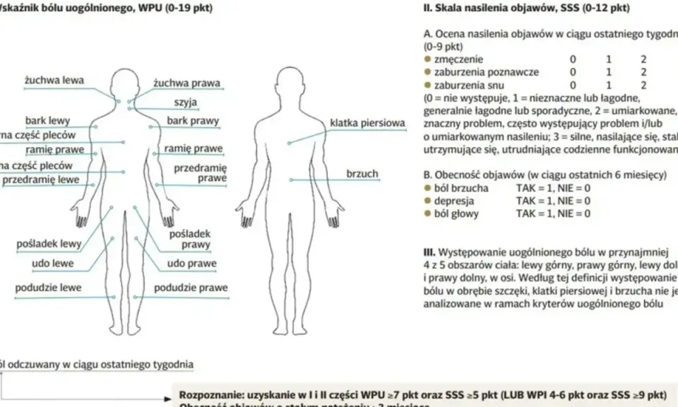 Schemat ciała z zaznaczonymi obszarami bólu, pomocny w ocenie fibromialgii.
