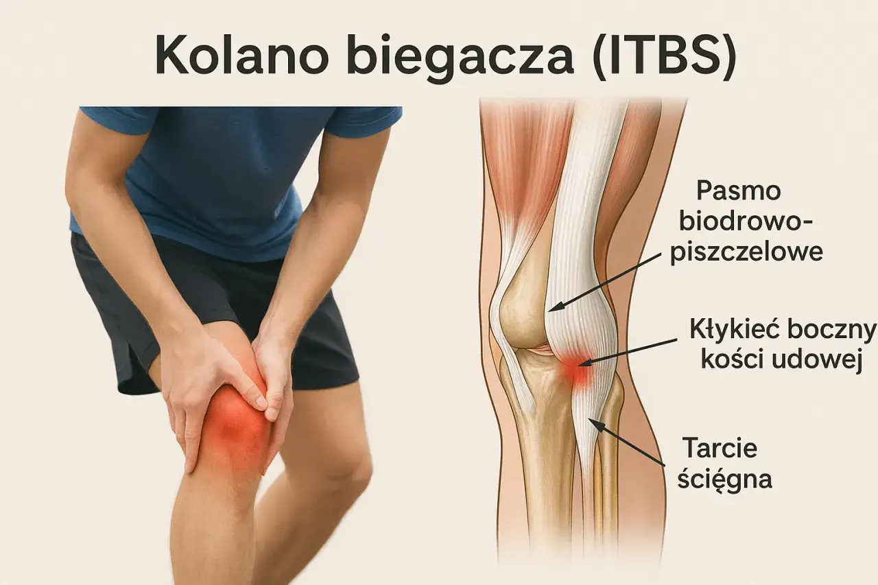 Ból kolana po bieganiu (ITBS) to częsty problem biegaczy. Ilustracja pokazuje jego przyczynę: tarcie pasma biodrowo-piszczelowego o kłykieć boczny kości udowej.