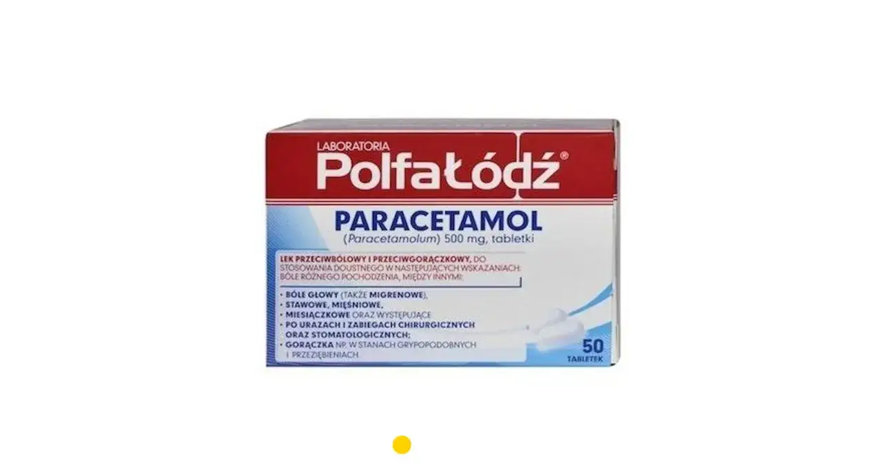 Opakowanie leku Polfa Łódź Paracetamol 500 mg. Czy apap jest na ból brzucha? Tak, paracetamol łagodzi różne bóle, w tym bóle brzucha.
