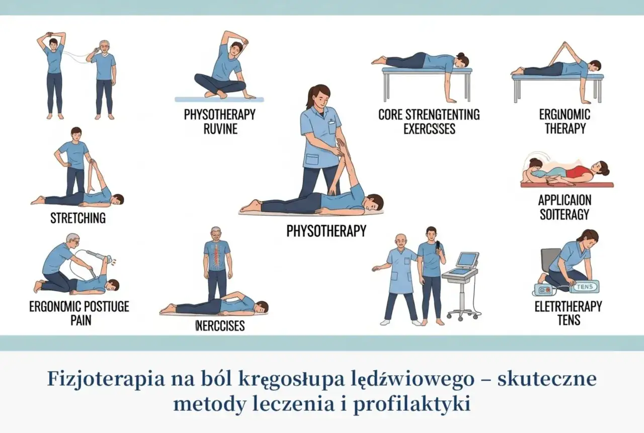 Fizjoterapeuta pomaga w leczeniu bólu kręgosłupa poprzez ćwiczenia, terapię manualną i elektroterapię.
