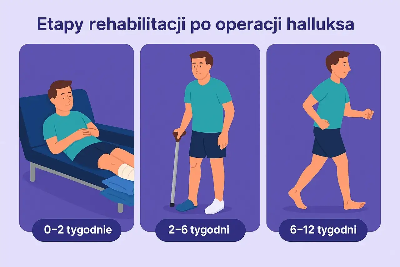 Etapy rehabilitacji po operacji haluksa: odpoczynek (0-2 tyg.), chodzenie o kulach (2-6 tyg.), powr&oacute;t do aktywności (6-12 tyg.).