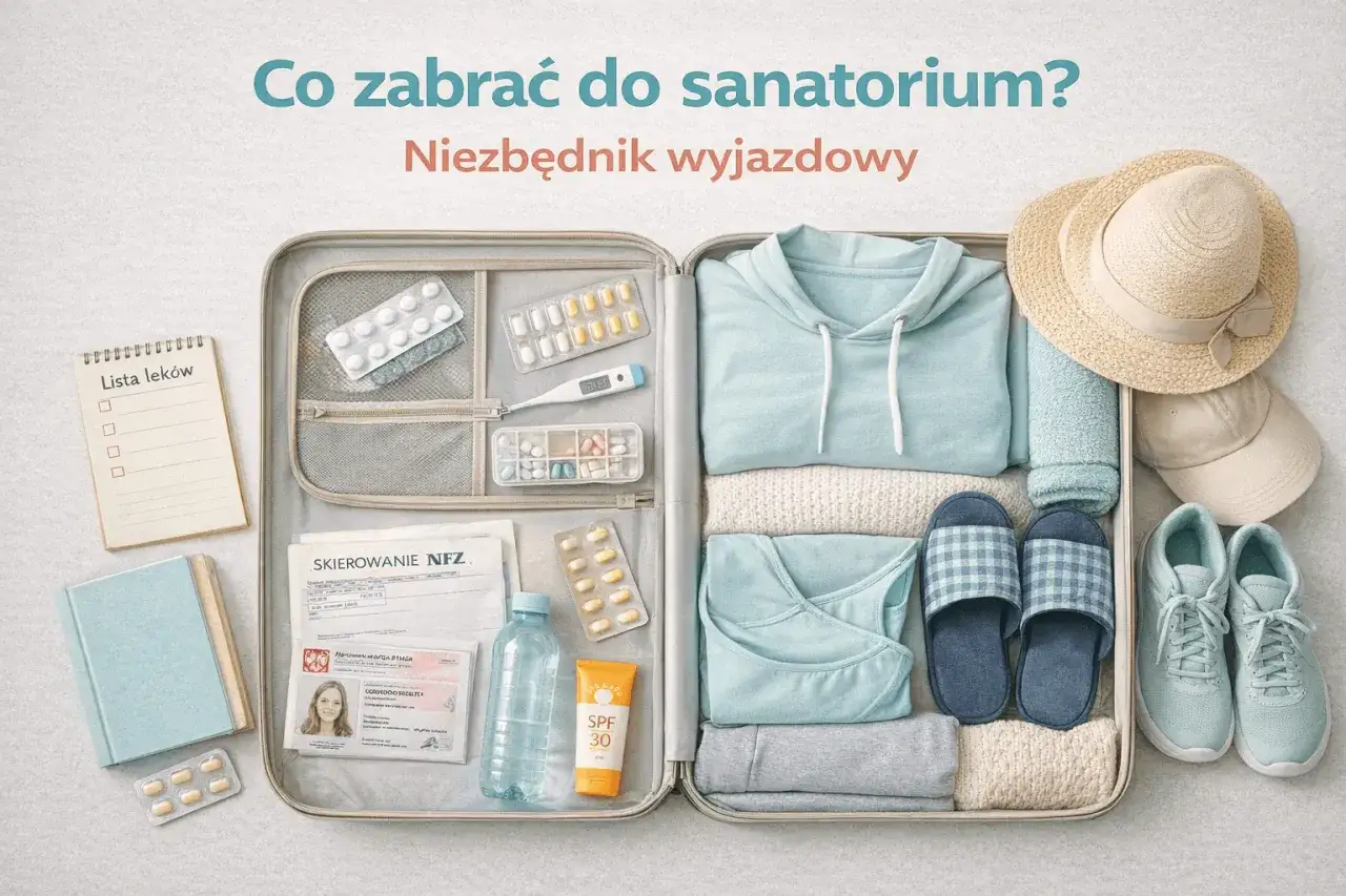 Co zabrać do sanatorium? Lista lek&oacute;w, skierowanie, dokumenty, ubrania, klapki, buty, czapka, kapelusz, krem z filtrem.