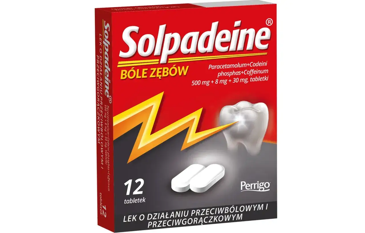Opakowanie leku Solpadeine na bóle zębów, zawierające leki opioidowe z kodeiną, paracetamolem i kofeiną.
