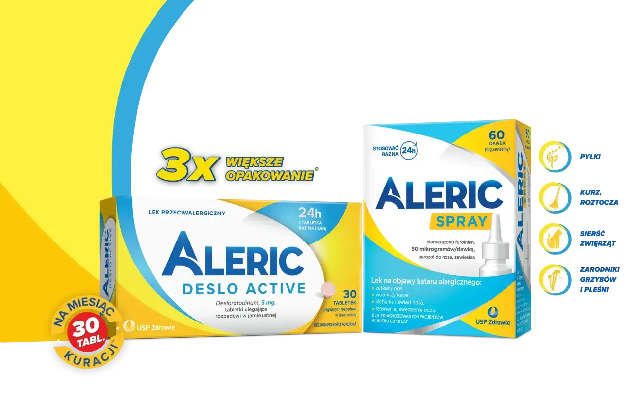 Aleric Deslo Active i Aleric Spray – leki przeciwalergiczne, które pomagają zwalczać objawy kataru, łzawienia i swędzenia oczu. Skuteczne dzięki desloratadynie i mometazonu furoinianowi, bez potrzeby stosowania dexametazonu.