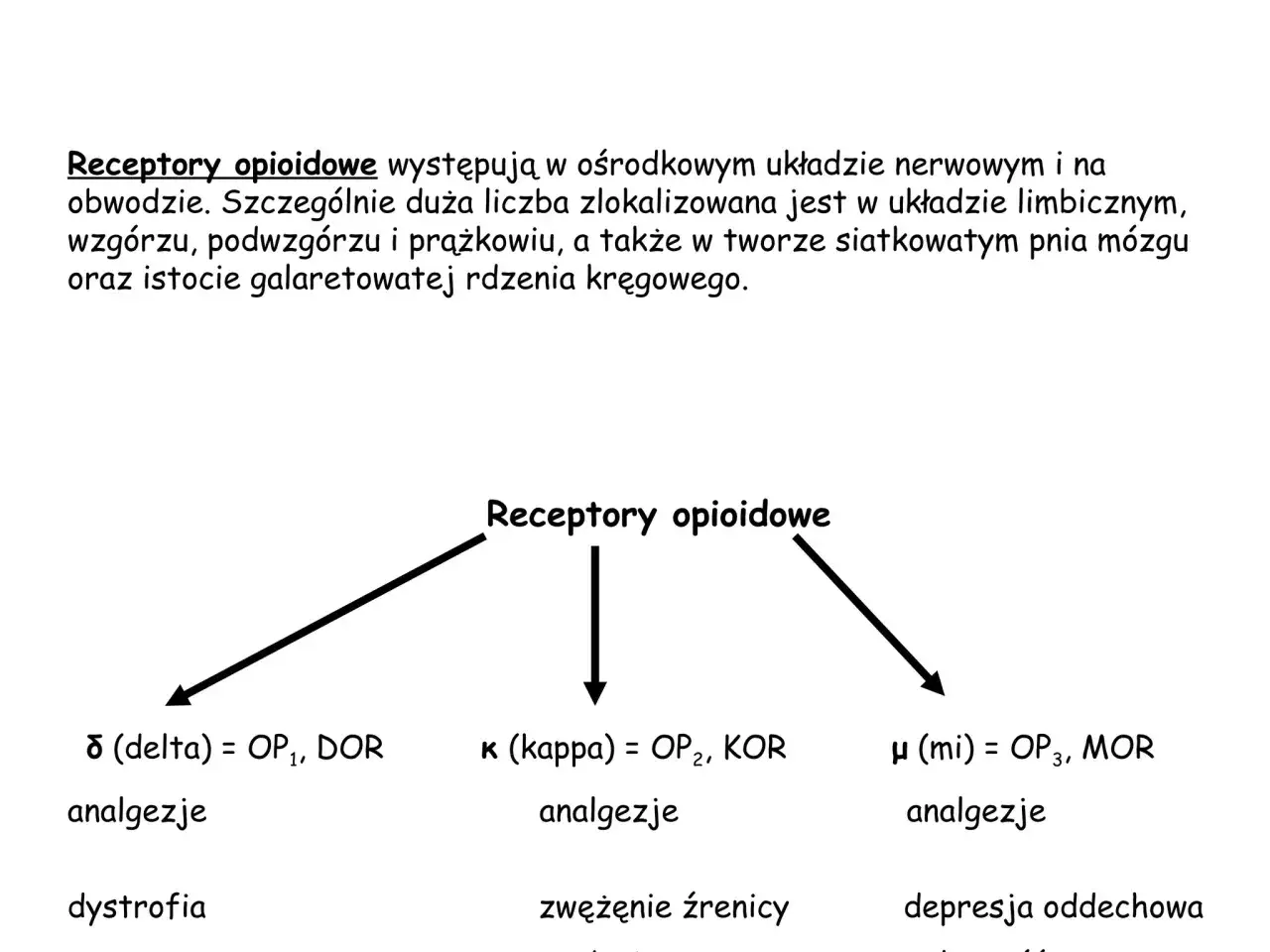 Schemat receptorów opioidowych: delta (analgezja, dystrofia), kappa (analgezja, zwężenie źrenicy) i mi (analgezja, depresja oddechowa). Morfina działa na te receptory.