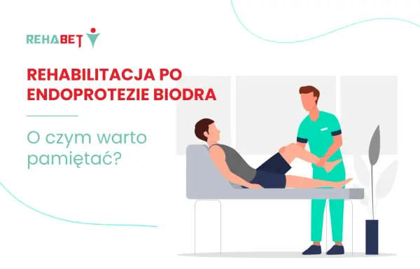 Rehabilitacja po endoprotezie biodra: fizjoterapeuta pomaga pacjentowi w ćwiczeniach.