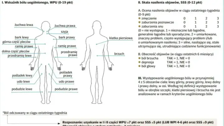 Schemat ciała z zaznaczonymi obszarami bólu, pomocny w ocenie fibromialgii.