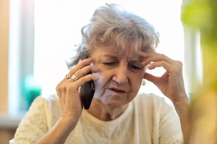 Zmartwiona starsza pani rozmawia przez telefon, dowiadując się o nowe zasady wyjazdu do sanatorium na NFZ.