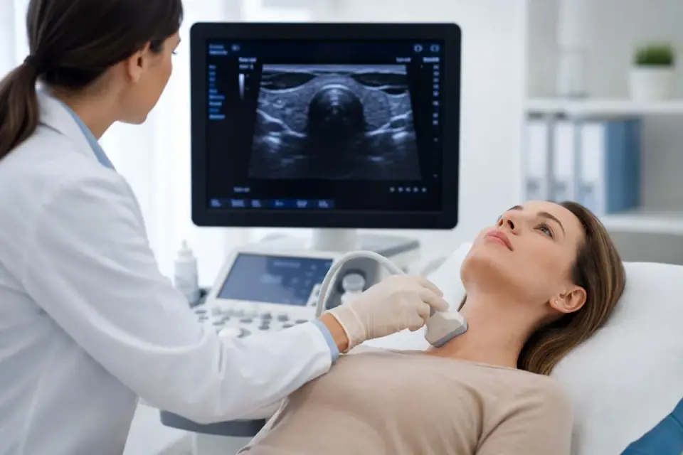 Lekarz wykonuje badanie USG tarczycy, które pomaga ocenić jej stan. To badanie TSH co to jest, jest kluczowe w diagnostyce chorób tarczycy.